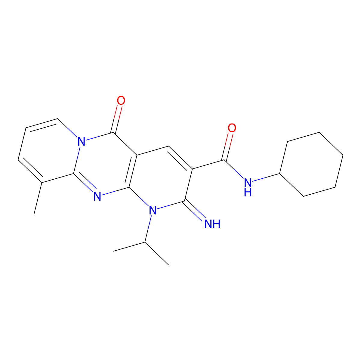 N-Cyclohexyl-2-imino-1-isopropyl-10-methyl-5-oxo-1,5-dihydro-2H-dipyrido(1,2-A:2,3-D)pyrimidine-3-carboxamide molecular structure, CAS 607385-74-0