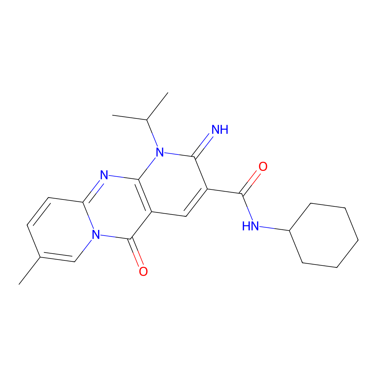 N-cyclohexyl-2-imino-8-methyl-5-oxo-1-(propan-2-yl)-1,5-dihydro-2H-dipyrido[1,2-a:2',3'-d]pyrimidine-3-carboxamide molecular structure, CAS 607385-85-3
