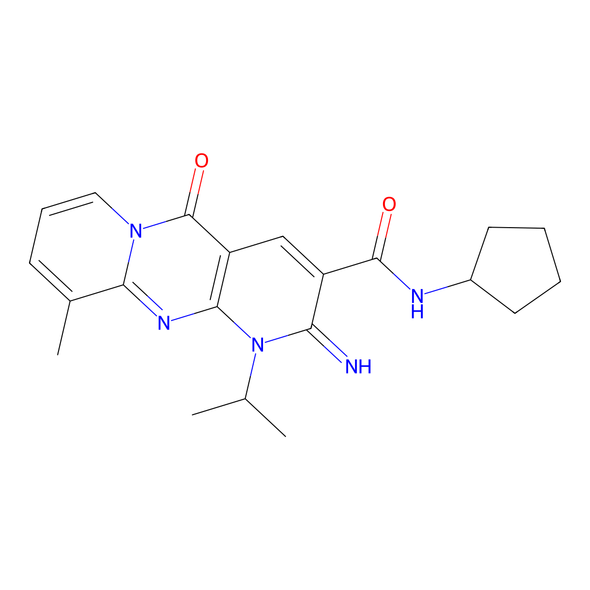 N-Cyclopentyl-2-imino-1-isopropyl-10-methyl-5-oxo-1,5-dihydro-2H-dipyrido(1,2-A:2,3-D)pyrimidine-3-carboxamide molecular structure, CAS 607386-03-8