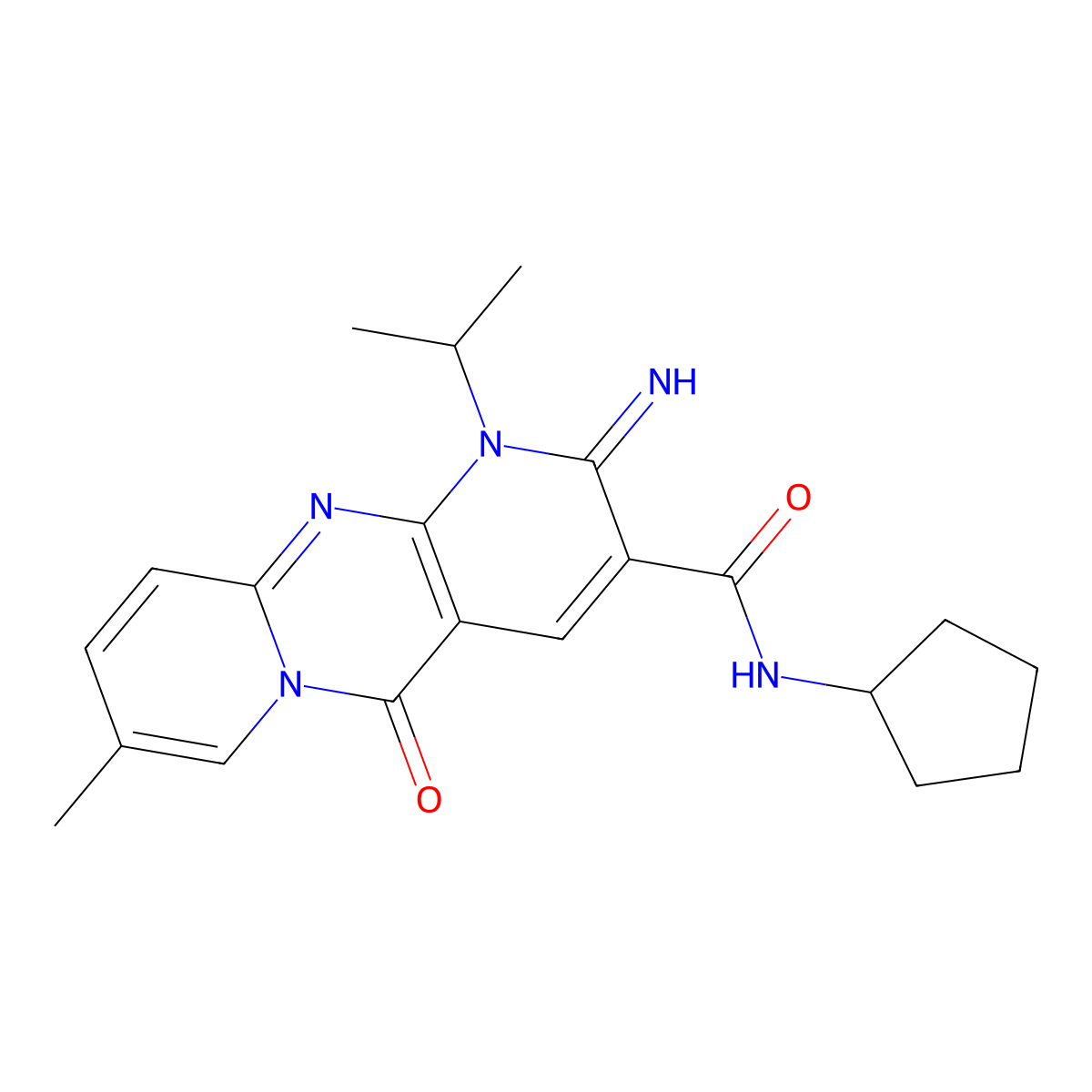 N-cyclopentyl-2-imino-8-methyl-5-oxo-1-(propan-2-yl)-1,5-dihydro-2H-dipyrido[1,2-a:2',3'-d]pyrimidine-3-carboxamide molecular structure, CAS 607386-04-9