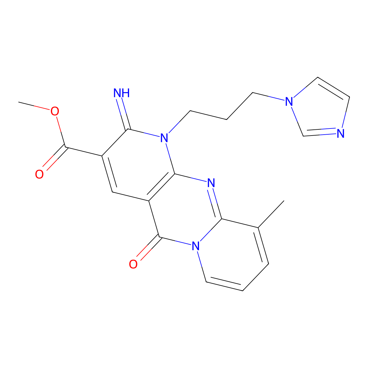 methyl 7-[3-(1H-imidazol-1-yl)propyl]-6-imino-11-methyl-2-oxo-1,7,9-triazatricyclo[8.4.0.0^{3,8}]tetradeca-3(8),4,9,11,13-pentaene-5-carboxylate molecular structure, CAS 607386-73-2
