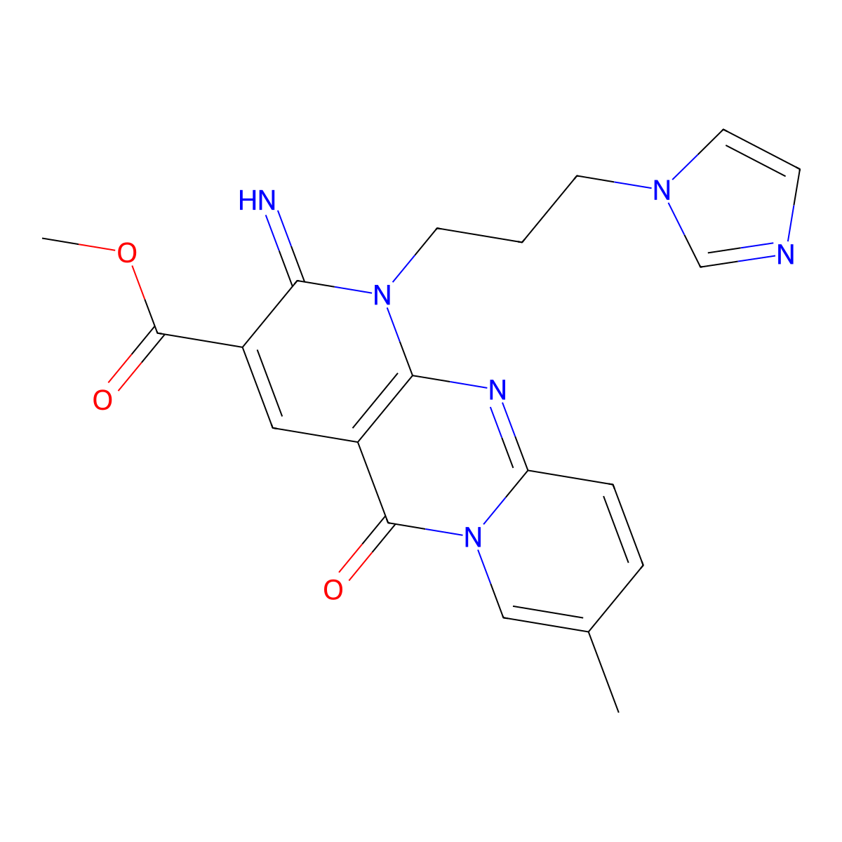 methyl 7-[3-(1H-imidazol-1-yl)propyl]-6-imino-13-methyl-2-oxo-1,7,9-triazatricyclo[8.4.0.0^{3,8}]tetradeca-3(8),4,9,11,13-pentaene-5-carboxylate molecular structure, CAS 607386-74-3