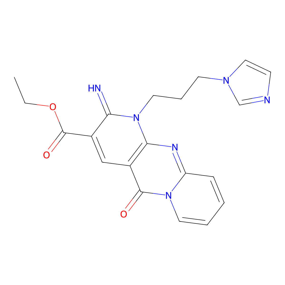 ethyl 7-[3-(1H-imidazol-1-yl)propyl]-6-imino-2-oxo-1,7,9-triazatricyclo[8.4.0.0^{3,8}]tetradeca-3(8),4,9,11,13-pentaene-5-carboxylate molecular structure, CAS 607386-75-4