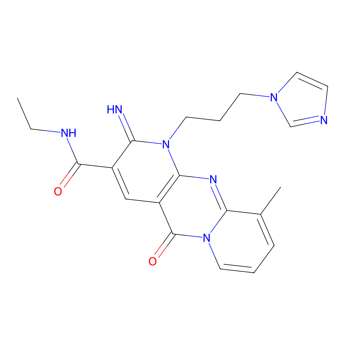 N-ethyl-7-[3-(1H-imidazol-1-yl)propyl]-6-imino-11-methyl-2-oxo-1,7,9-triazatricyclo[8.4.0.0^{3,8}]tetradeca-3(8),4,9,11,13-pentaene-5-carboxamide molecular structure, CAS 607386-90-3