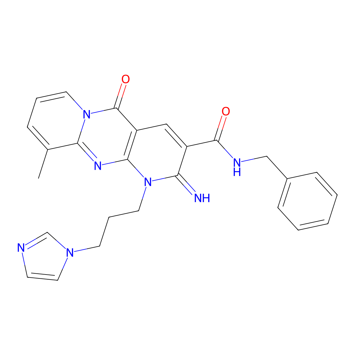N-benzyl-7-[3-(1H-imidazol-1-yl)propyl]-6-imino-11-methyl-2-oxo-1,7,9-triazatricyclo[8.4.0.0^{3,8}]tetradeca-3(8),4,9,11,13-pentaene-5-carboxamide molecular structure, CAS 607387-02-0