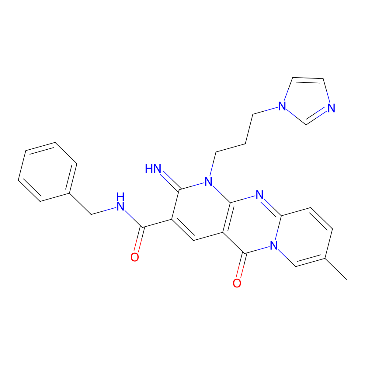 N-benzyl-7-[3-(1H-imidazol-1-yl)propyl]-6-imino-13-methyl-2-oxo-1,7,9-triazatricyclo[8.4.0.0^{3,8}]tetradeca-3(8),4,9,11,13-pentaene-5-carboxamide molecular structure, CAS 607387-03-1