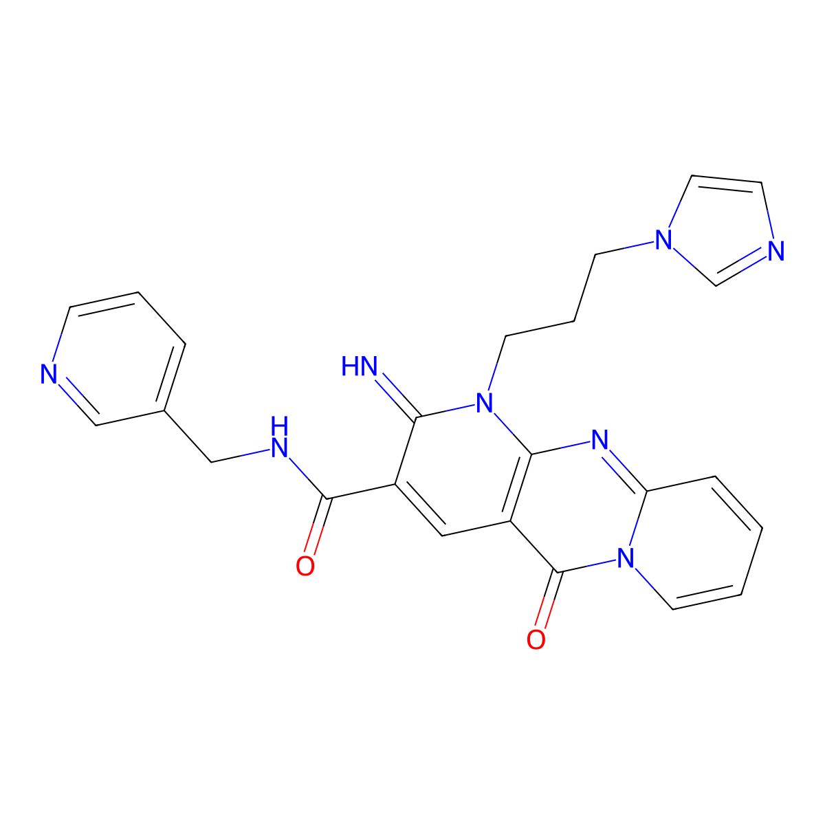 7-[3-(1H-imidazol-1-yl)propyl]-6-imino-2-oxo-N-[(pyridin-3-yl)methyl]-1,7,9-triazatricyclo[8.4.0.0^{3,8}]tetradeca-3(8),4,9,11,13-pentaene-5-carboxamide molecular structure, CAS 607387-04-2