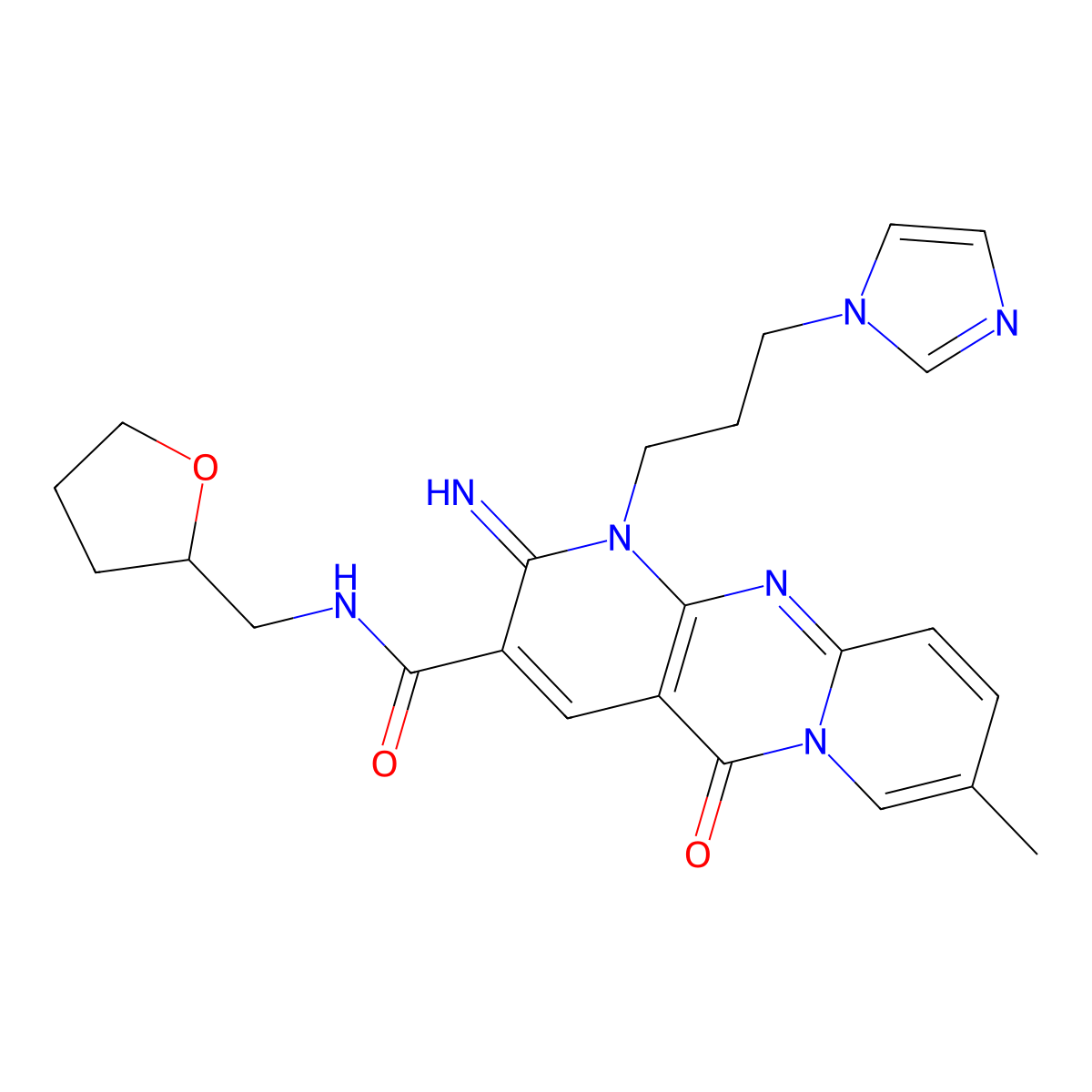 7-[3-(1H-imidazol-1-yl)propyl]-6-imino-13-methyl-2-oxo-N-[(oxolan-2-yl)methyl]-1,7,9-triazatricyclo[8.4.0.0^{3,8}]tetradeca-3(8),4,9,11,13-pentaene-5-carboxamide molecular structure, CAS 607387-09-7