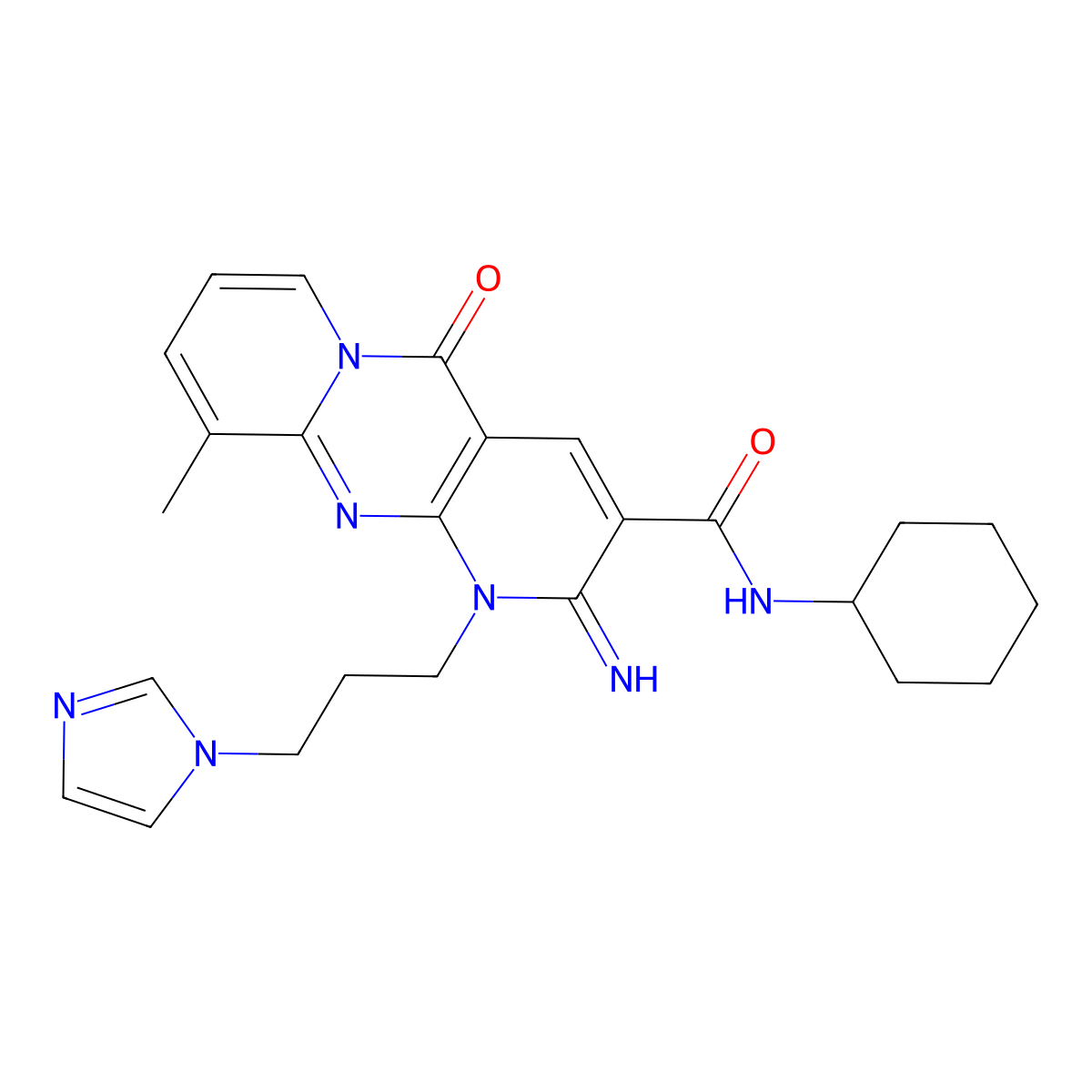 N-cyclohexyl[1-(3-imidazolylpropyl)-2-imino-10-methyl-5-oxo(1,6-dihydropyridin o[2,3-d]pyridino[1,2-a]pyrimidin-3-yl)]carboxamide molecular structure, CAS 607387-26-8