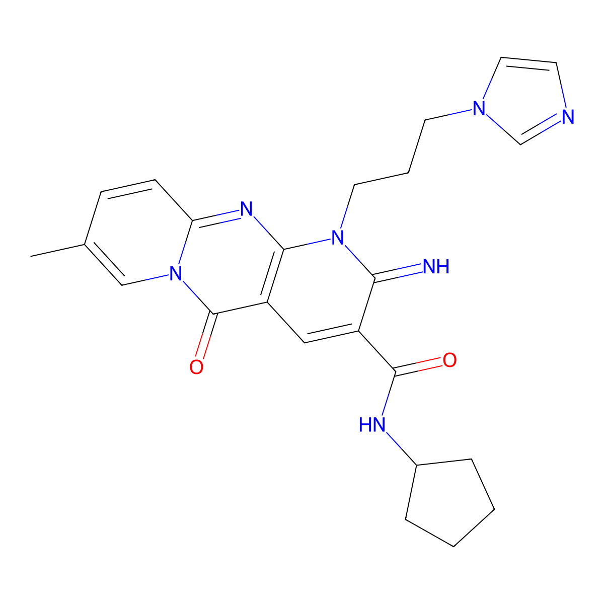 N-cyclopentyl-7-[3-(1H-imidazol-1-yl)propyl]-6-imino-13-methyl-2-oxo-1,7,9-triazatricyclo[8.4.0.0^{3,8}]tetradeca-3(8),4,9,11,13-pentaene-5-carboxamide molecular structure, CAS 607387-30-4
