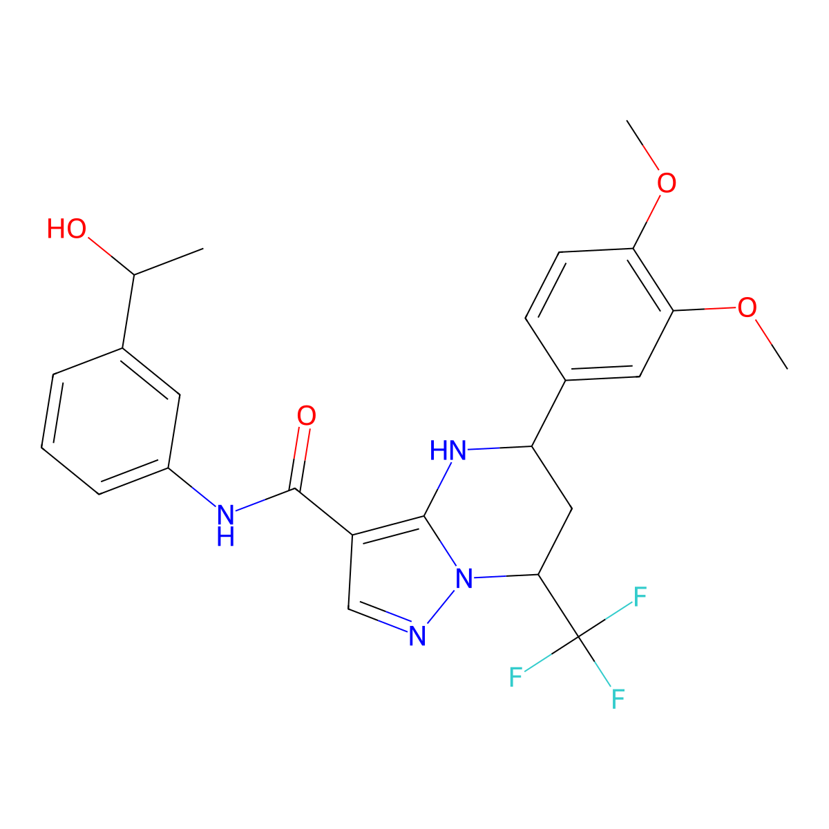 5-(3,4-dimethoxyphenyl)-N-[3-(1-hydroxyethyl)phenyl]-7-(trifluoromethyl)-4,5,6,7-tetrahydropyrazolo[1,5-a]pyrimidine-3-carboxamide molecular structure, CAS 6074-18-6