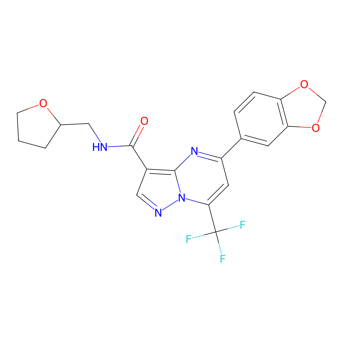 5-(1,3-benzodioxol-5-yl)-N-(oxolan-2-ylmethyl)-7-(trifluoromethyl)pyrazolo[1,5-a]pyrimidine-3-carboxamide molecular structure, CAS 6074-22-2