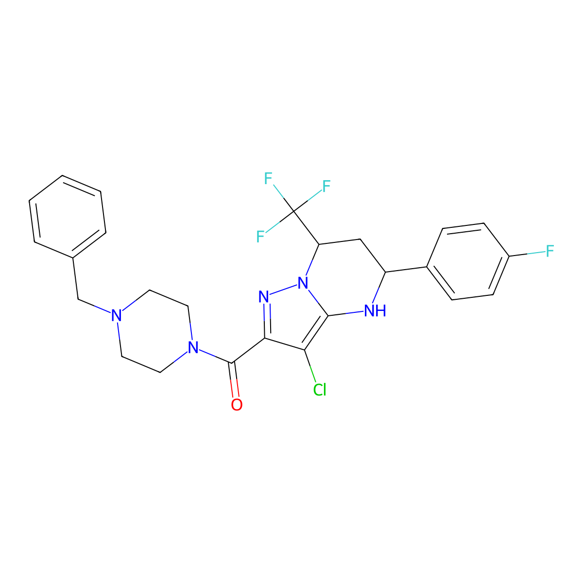 (4-Benzylpiperazin-1-yl)[3-chloro-5-(4-fluorophenyl)-7-(trifluoromethyl)-4,5,6,7-tetrahydropyrazolo[1,5-a]pyrimidin-2-yl]methanone molecular structure, CAS 6074-34-6