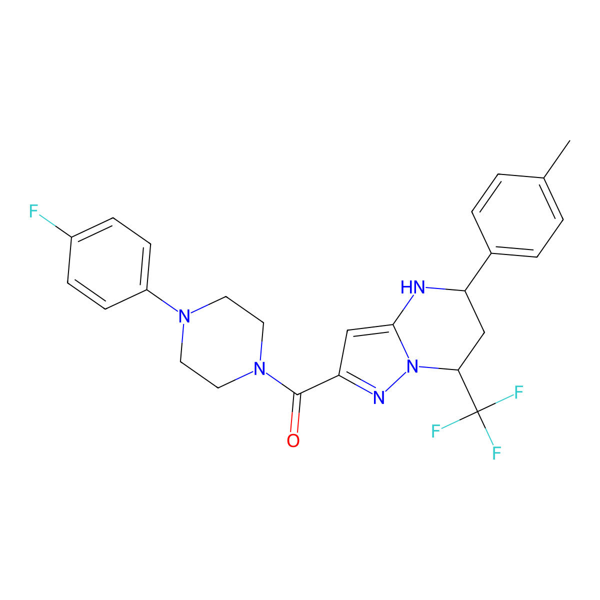 2-{[4-(4-Fluorophenyl)piperazin-1-yl]carbonyl}-5-(4-methylphenyl)-7-(trifluoromethyl)-4,5,6,7-tetrahydropyrazolo[1,5-a]pyrimidine molecular structure, CAS 6074-49-3