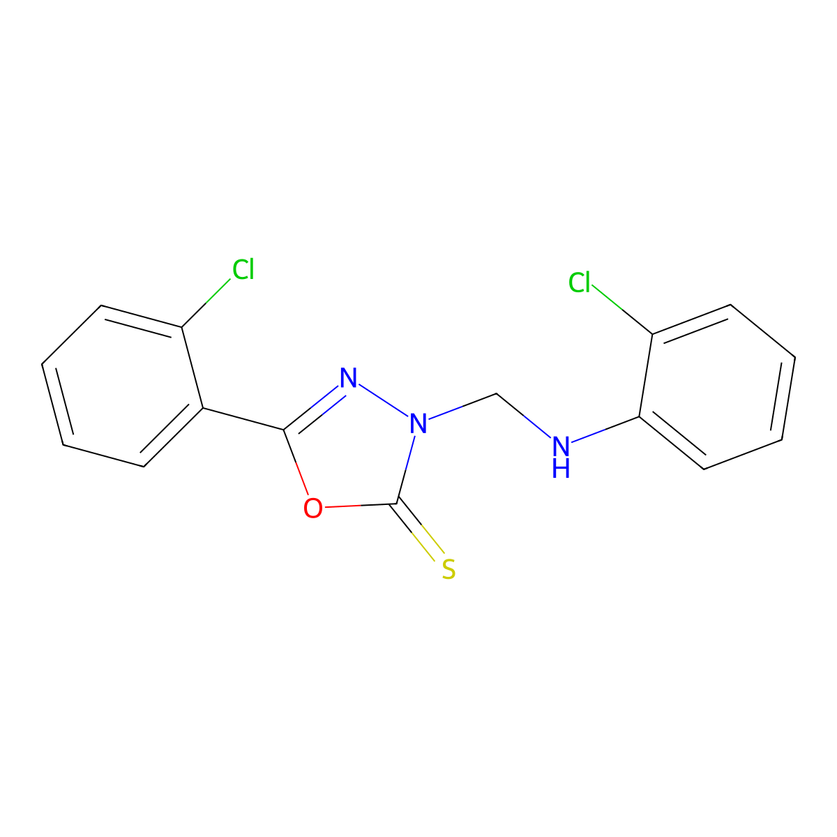 3-[(2-Chloroanilino)methyl]-5-(2-chlorophenyl)-1,3,4-oxadiazole-2-thione molecular structure, CAS 6074-92-6