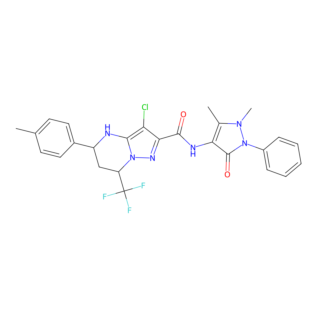 3-chloro-N-(1,5-dimethyl-3-oxo-2-phenyl-2,3-dihydro-1H-pyrazol-4-yl)-5-(4-methylphenyl)-7-(trifluoromethyl)-4,5,6,7-tetrahydropyrazolo[1,5-a]pyrimidine-2-carboxamide molecular structure, CAS 6076-67-1