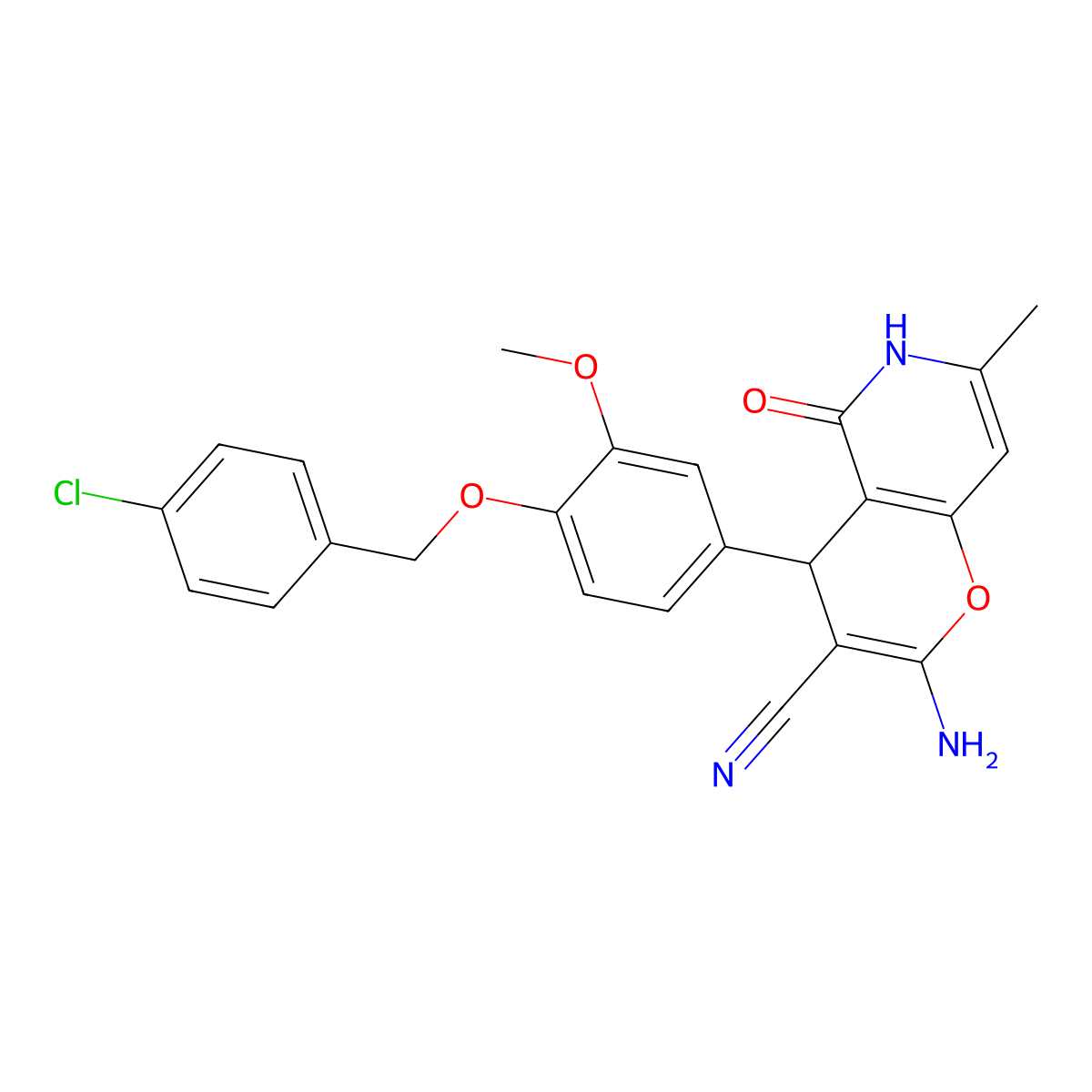 2-amino-4-{4-[(4-chlorobenzyl)oxy]-3-methoxyphenyl}-7-methyl-5-oxo-5,6-dihydro-4H-pyrano[3,2-c]pyridine-3-carbonitrile molecular structure, CAS 607696-30-0