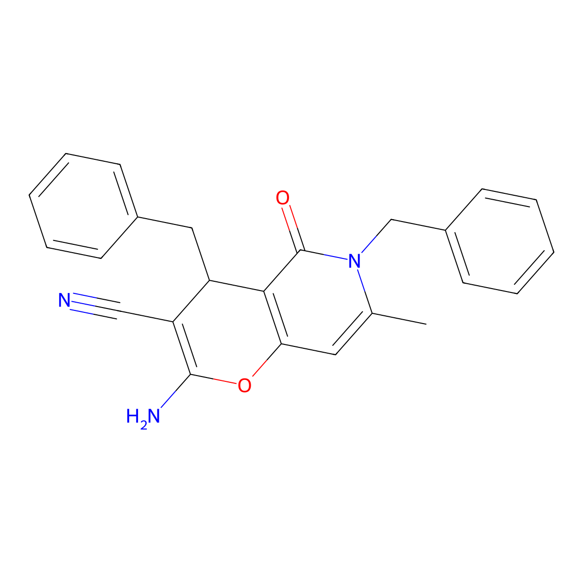 2-amino-4,6-dibenzyl-7-methyl-5-oxo-5,6-dihydro-4H-pyrano[3,2-c]pyridine-3-carbonitrile molecular structure, CAS 607696-56-0
