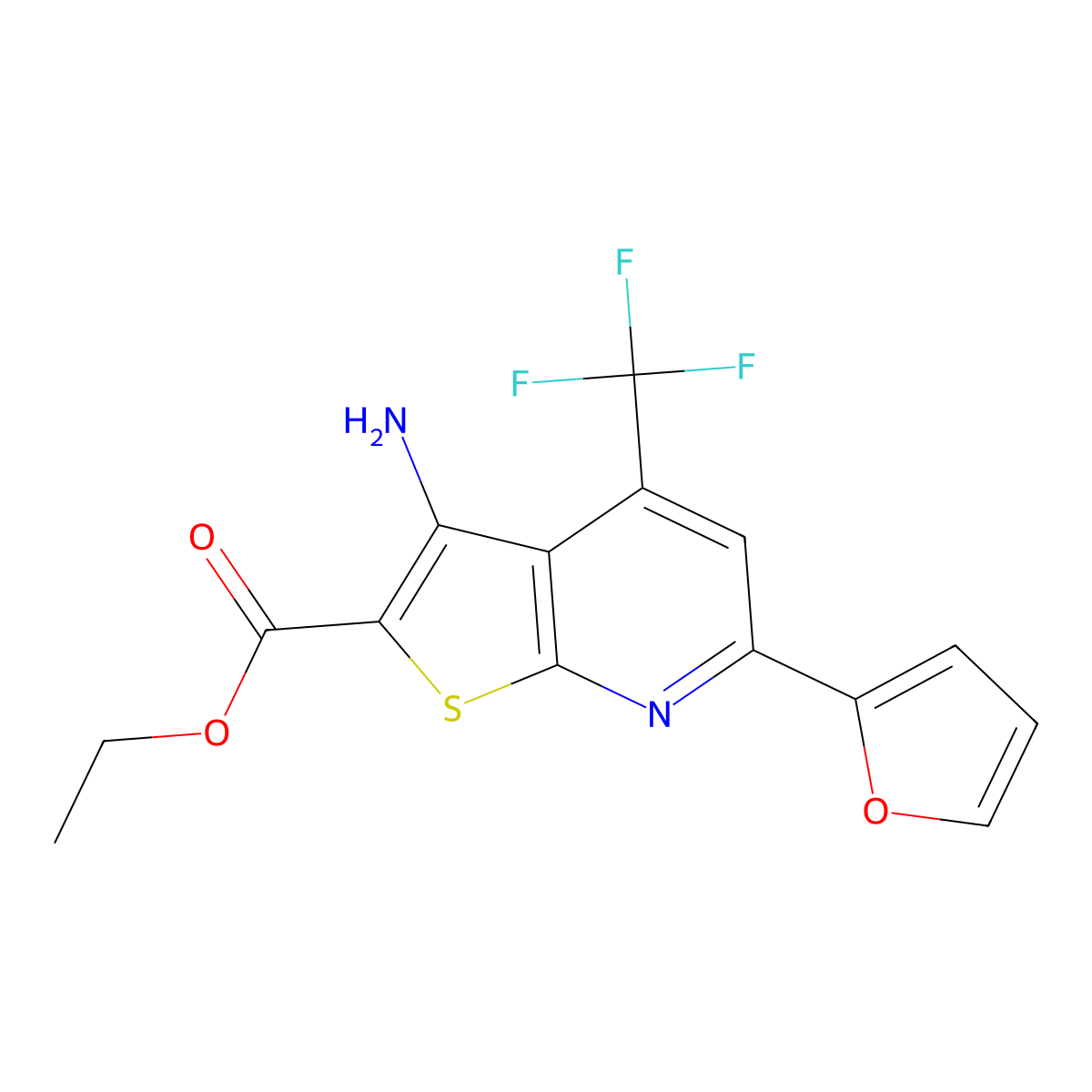 Ethyl 3-amino-6-(furan-2-yl)-4-(trifluoromethyl)thieno[2,3-b]pyridine-2-carboxylate molecular structure, CAS 607696-90-2
