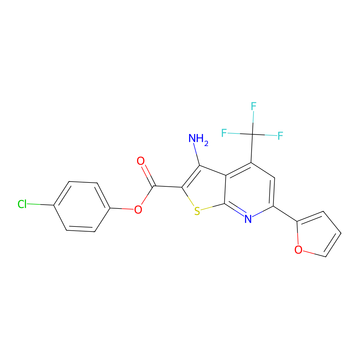 4-Chlorophenyl 3-amino-6-(2-furyl)-4-(trifluoromethyl)thieno[2,3-b]pyridine-2-carboxylate molecular structure, CAS 607697-00-7