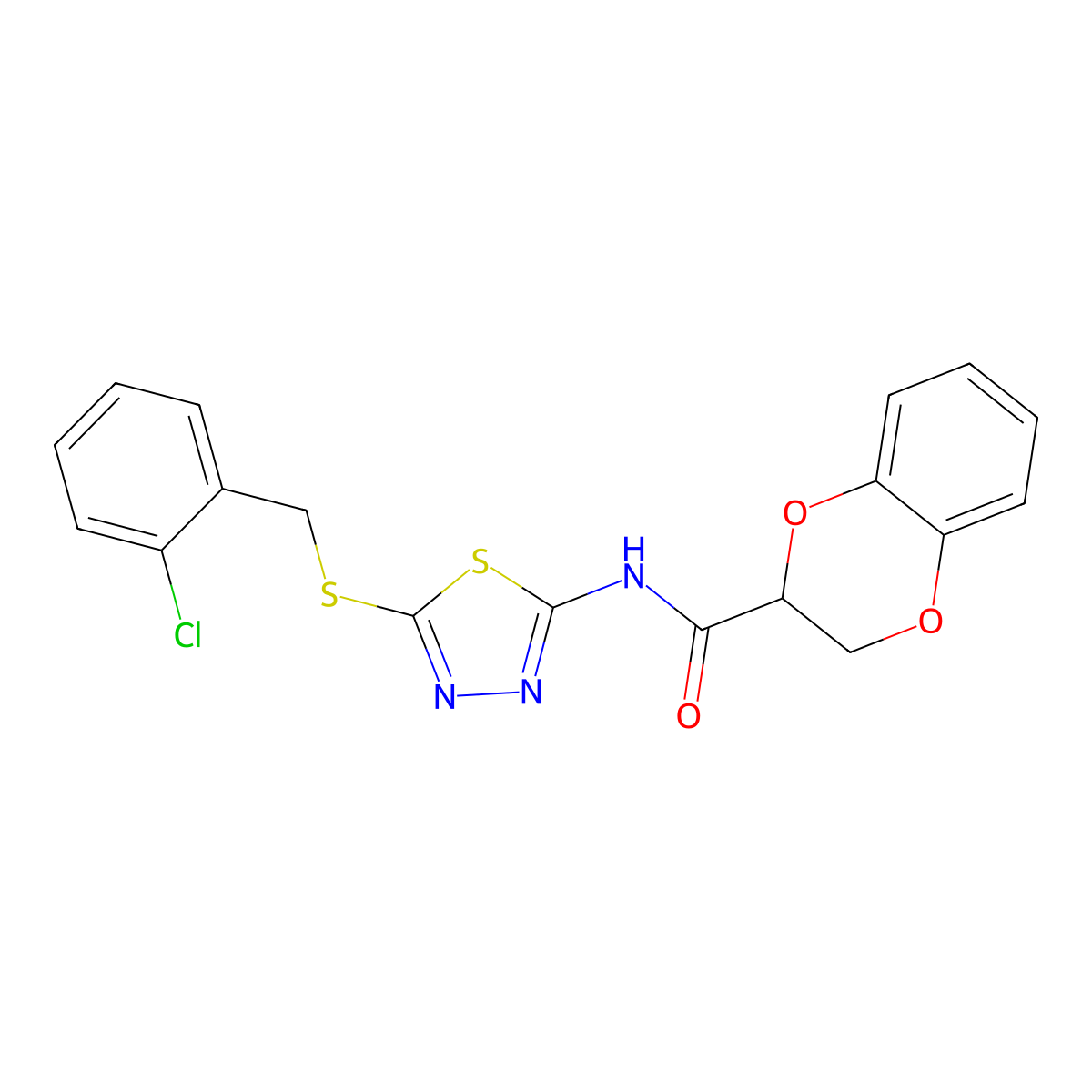 N-{5-[(2-chlorobenzyl)sulfanyl]-1,3,4-thiadiazol-2-yl}-2,3-dihydro-1,4-benzodioxine-2-carboxamide molecular structure, CAS 607697-85-8