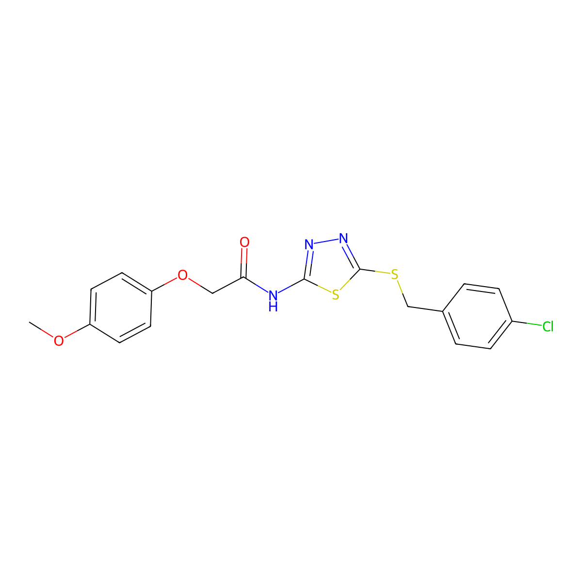 N-{5-[(4-chlorobenzyl)sulfanyl]-1,3,4-thiadiazol-2-yl}-2-(4-methoxyphenoxy)acetamide molecular structure, CAS 607699-64-9