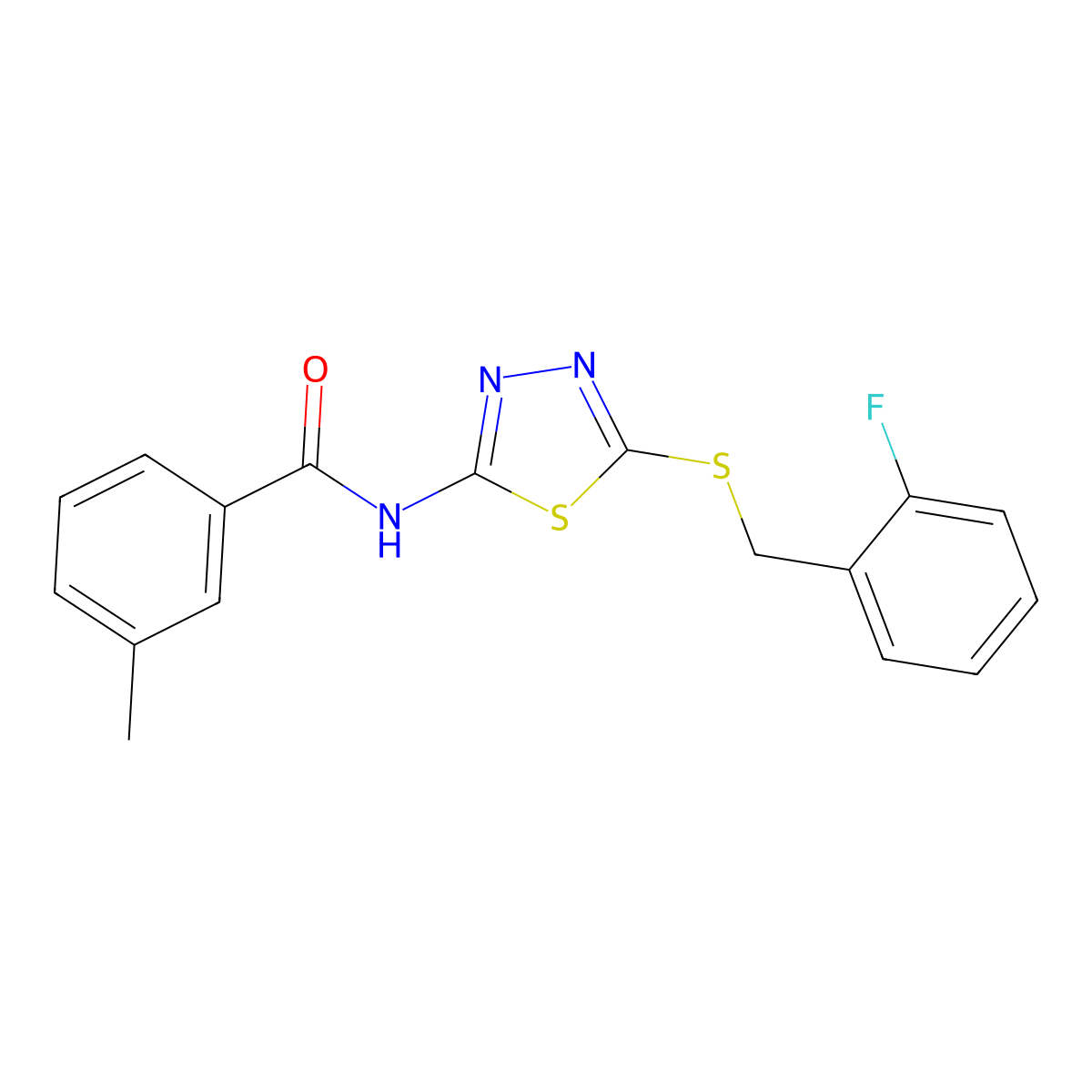 N-(5-((2-fluorobenzyl)thio)-1,3,4-thiadiazol-2-yl)-3-methylbenzamide molecular structure, CAS 607700-77-6
