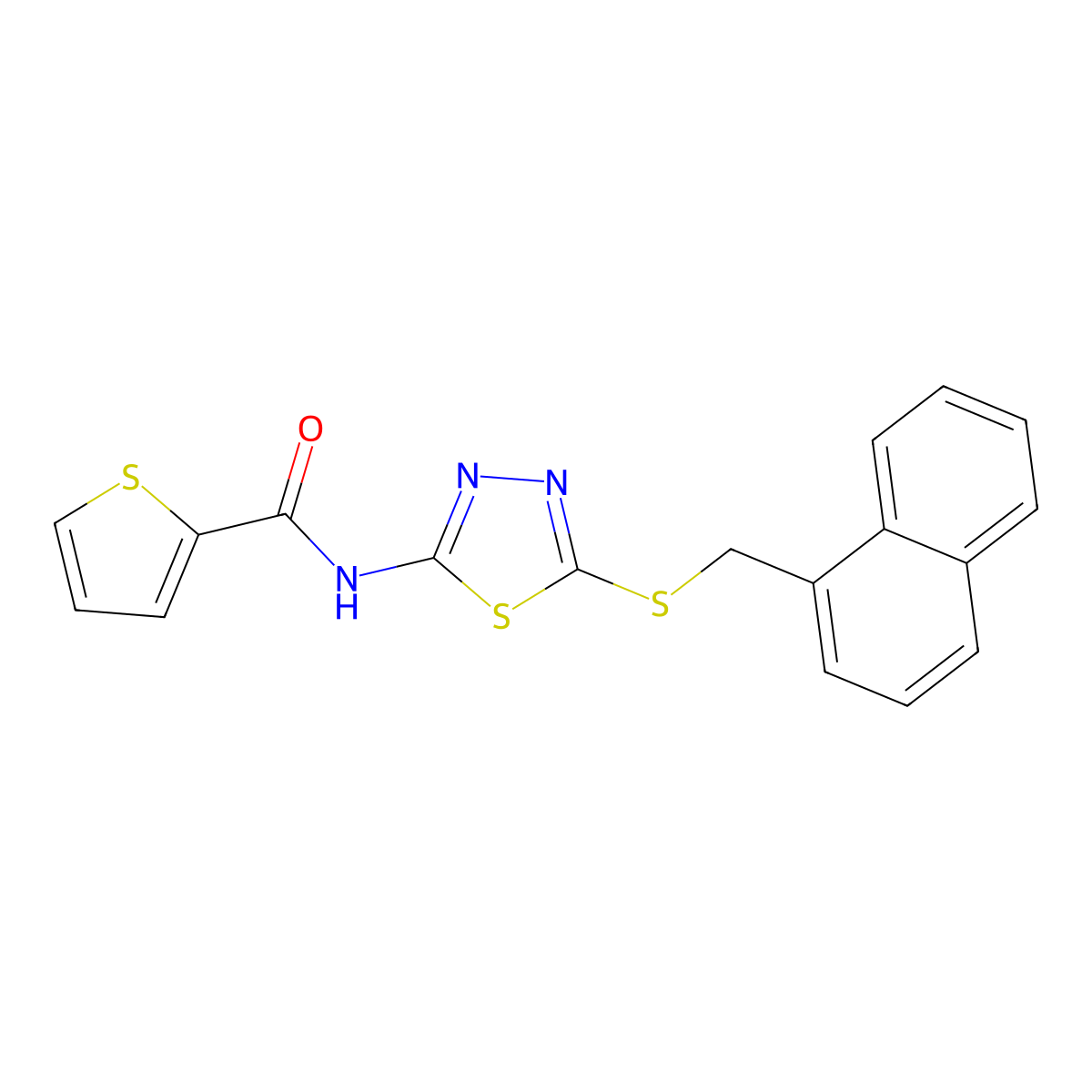 N-(5-((naphthalen-1-ylmethyl)thio)-1,3,4-thiadiazol-2-yl)thiophene-2-carboxamide molecular structure, CAS 607701-05-3