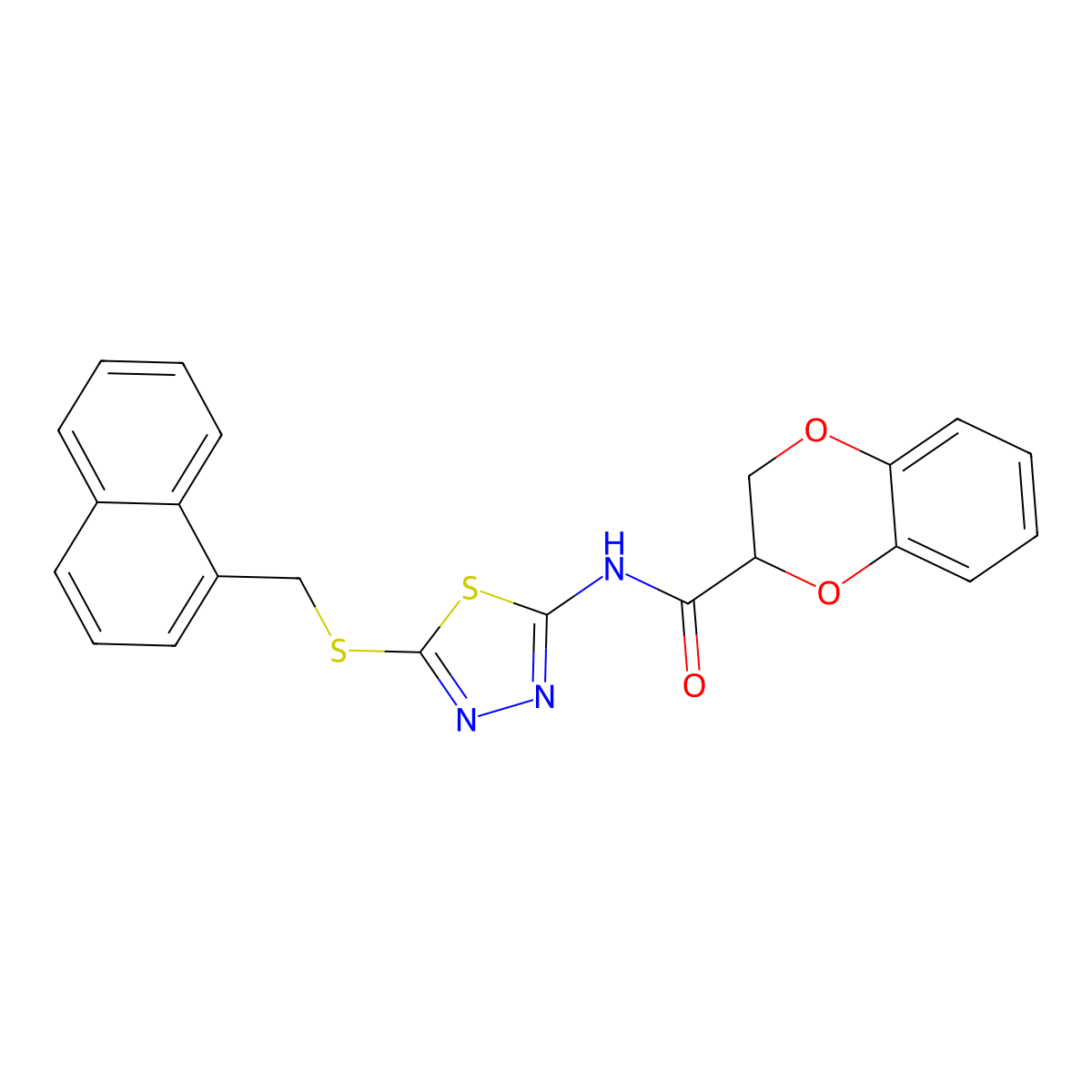 N-{5-[(1-naphthylmethyl)thio]-1,3,4-thiadiazol-2-yl}-2,3-dihydro-1,4-benzodioxine-2-carboxamide molecular structure, CAS 607701-58-6