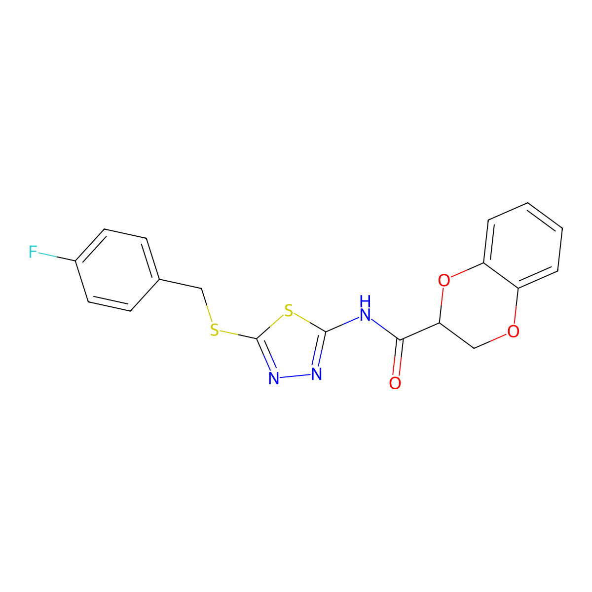 N-{5-[(4-fluorobenzyl)sulfanyl]-1,3,4-thiadiazol-2-yl}-2,3-dihydro-1,4-benzodioxine-2-carboxamide molecular structure, CAS 607703-62-8