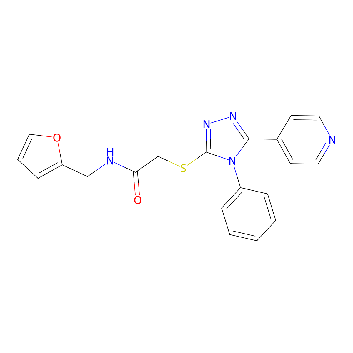 N-((Furan-2-yl)methyl)-2-((4-phenyl-5-(pyridin-4-yl)-4H-1,2,4-triazol-3-yl)sulfanyl)acetamide molecular structure, CAS 6079-72-7
