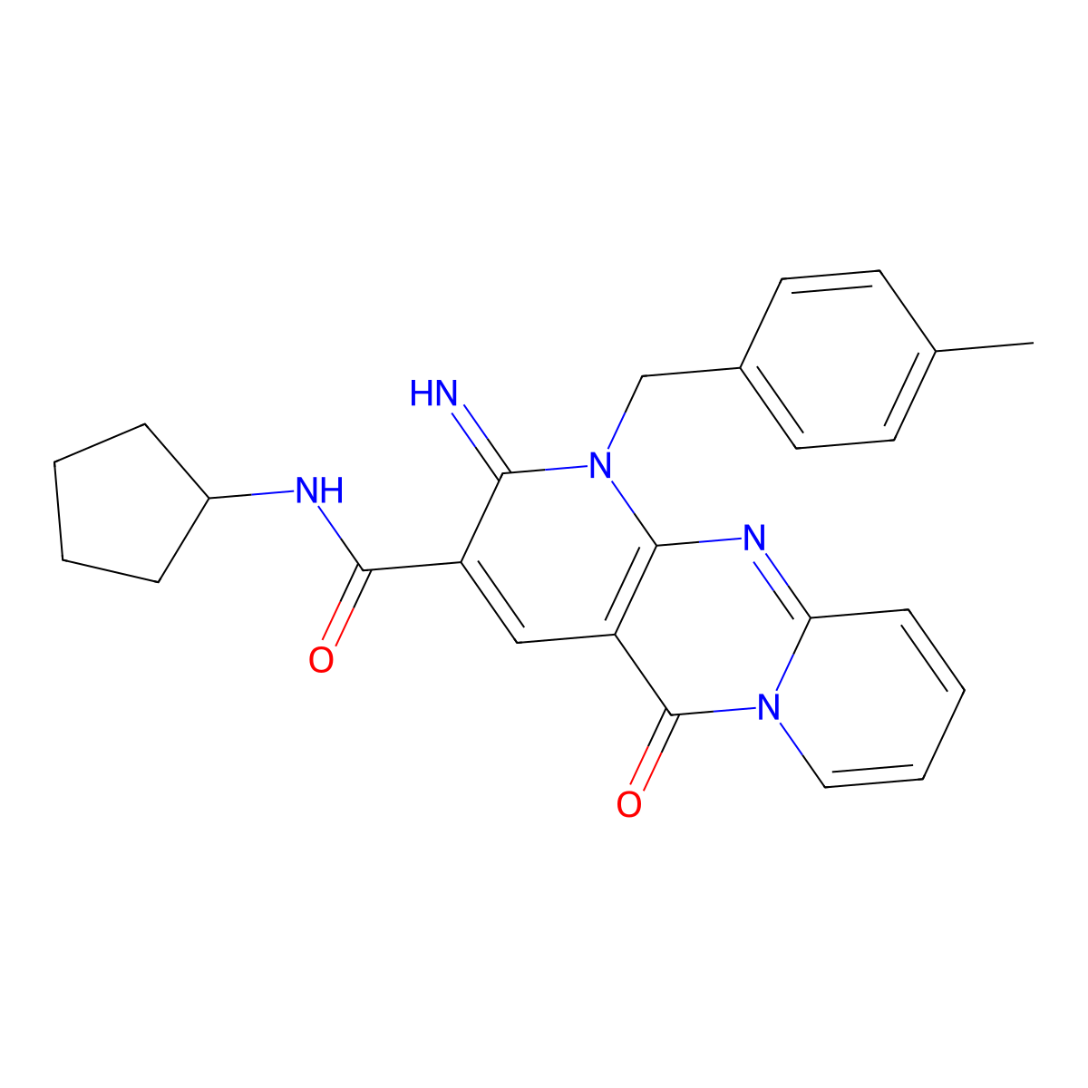 N-cyclopentyl-2-imino-1-(4-methylbenzyl)-5-oxo-1,5-dihydro-2H-dipyrido[1,2-a:2',3'-d]pyrimidine-3-carboxamide molecular structure, CAS 608104-00-3