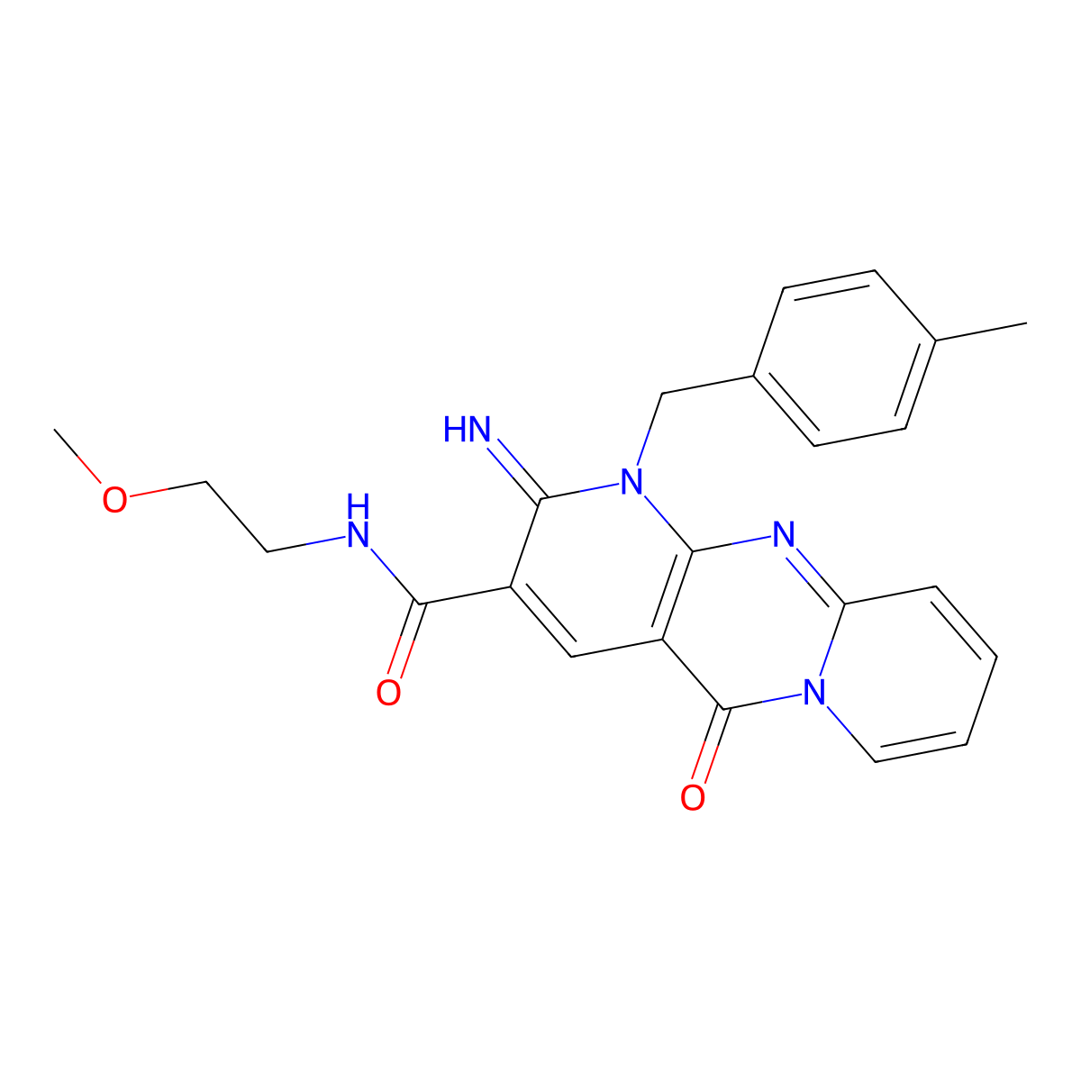 6-imino-N-(2-methoxyethyl)-7-[(4-methylphenyl)methyl]-2-oxo-1,7,9-triazatricyclo[8.4.0.0^{3,8}]tetradeca-3(8),4,9,11,13-pentaene-5-carboxamide molecular structure, CAS 608104-01-4