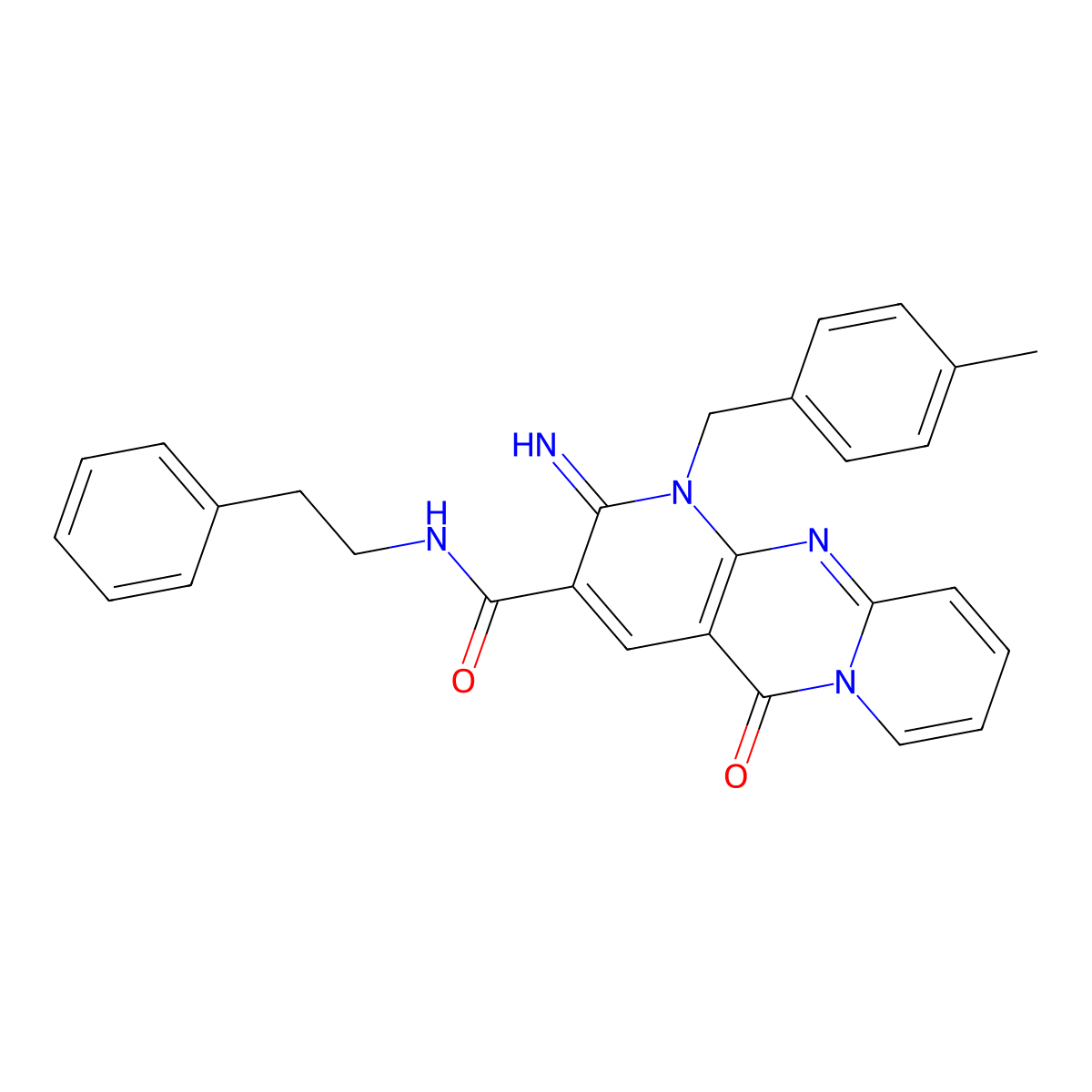 6-imino-7-[(4-methylphenyl)methyl]-2-oxo-N-(2-phenylethyl)-1,7,9-triazatricyclo[8.4.0.0^{3,8}]tetradeca-3(8),4,9,11,13-pentaene-5-carboxamide molecular structure, CAS 608104-04-7