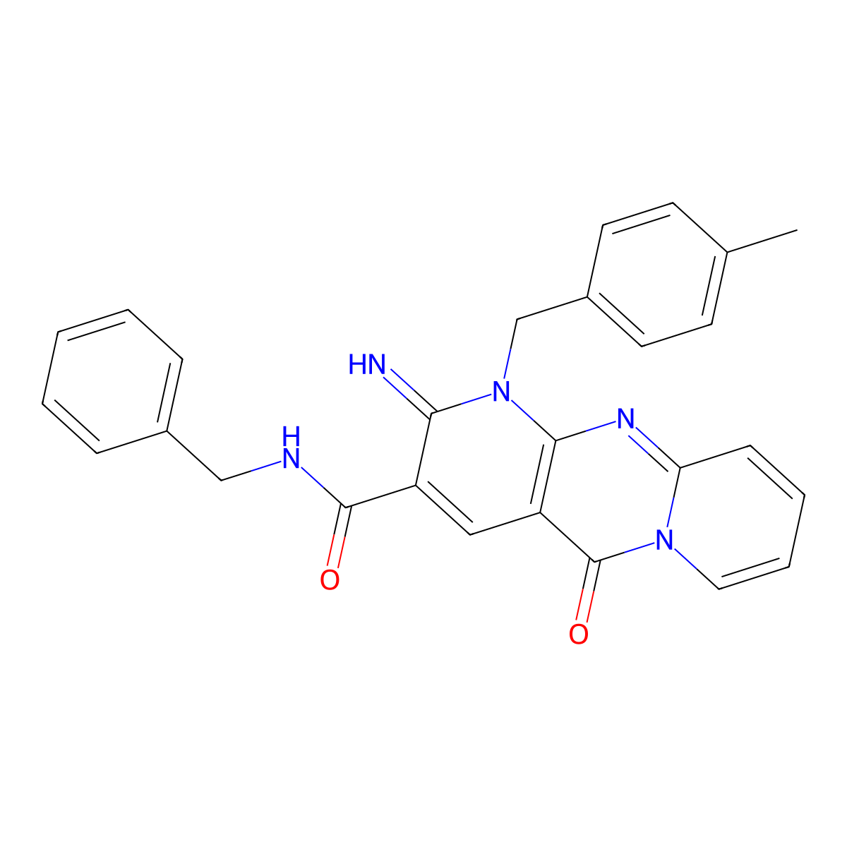 N-benzyl-2-imino-1-(4-methylbenzyl)-5-oxo-1,5-dihydro-2H-dipyrido[1,2-a:2',3'-d]pyrimidine-3-carboxamide molecular structure, CAS 608104-05-8