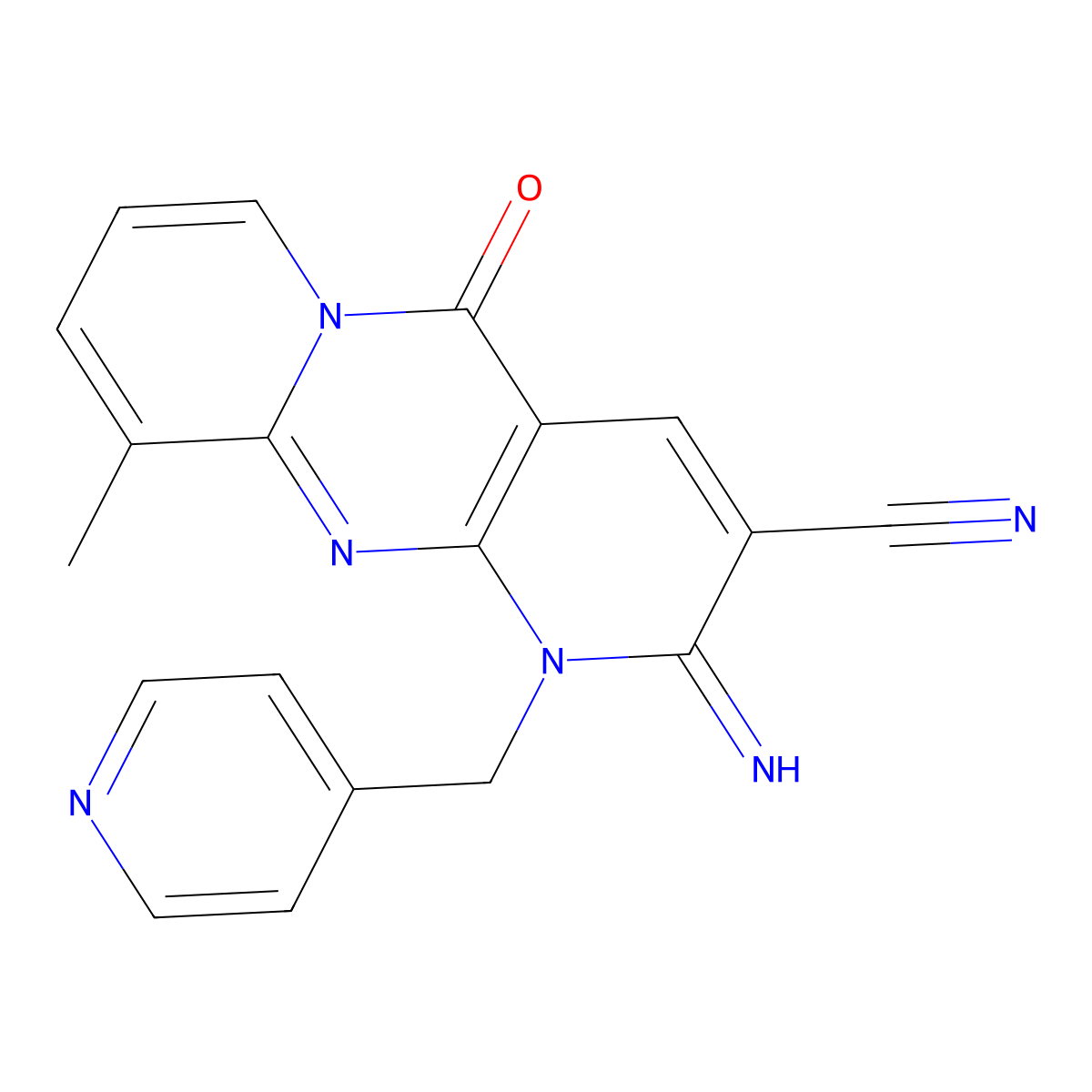 2-imino-10-methyl-5-oxo-1-(4-pyridinylmethyl)-1,5-dihydro-2H-dipyrido[1,2-a:2,3-d]pyrimidine-3-carbonitrile molecular structure, CAS 608104-09-2