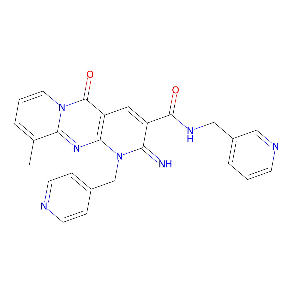 6-Imino-11-methyl-2-oxo-N-(pyridin-3-ylmethyl)-7-(pyridin-4-ylmethyl)-1,7,9-triazatricyclo[8.4.0.03,8]tetradeca-3(8),4,9,11,13-pentaene-5-carboxamide molecular structure, CAS 608104-18-3
