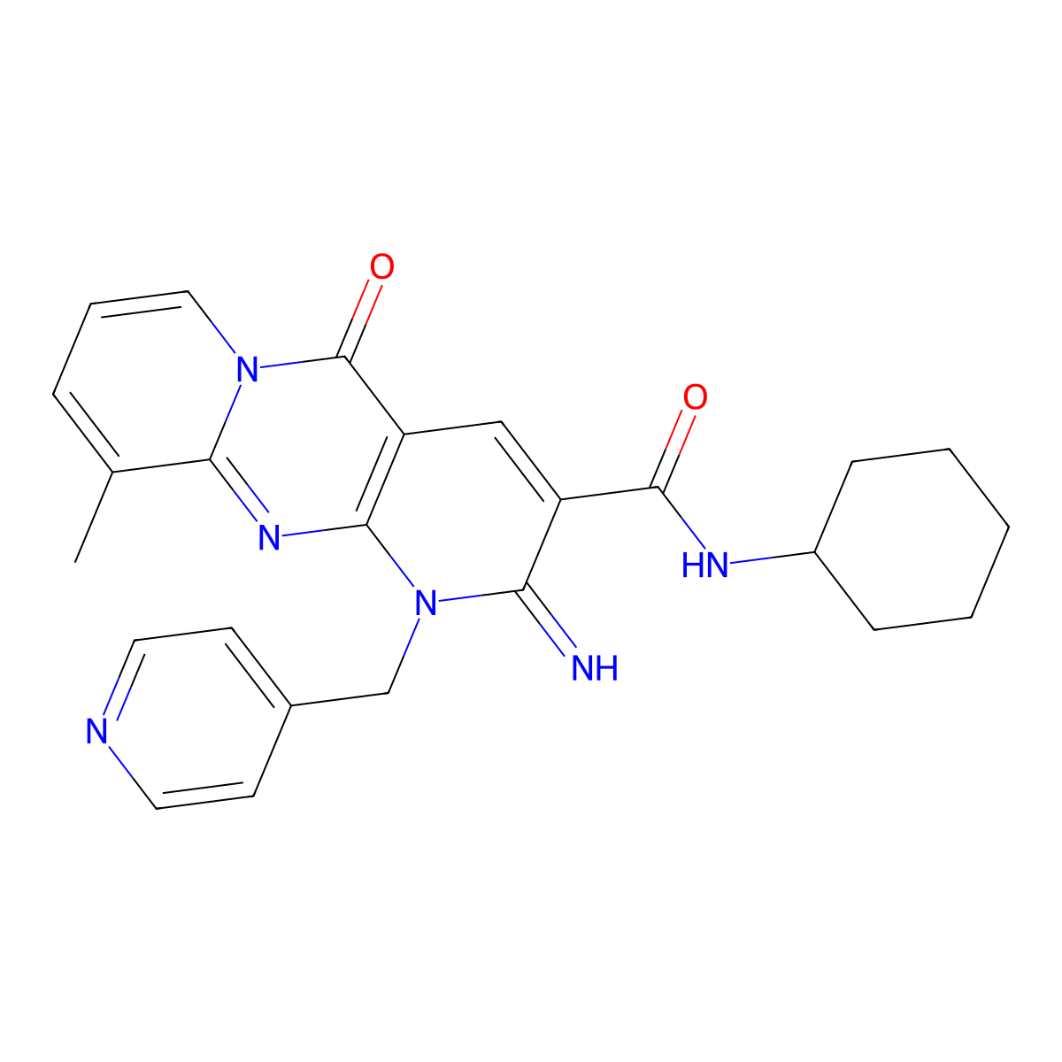 N-cyclohexyl-6-imino-11-methyl-2-oxo-7-[(pyridin-4-yl)methyl]-1,7,9-triazatricyclo[8.4.0.0^{3,8}]tetradeca-3(8),4,9,11,13-pentaene-5-carboxamide molecular structure, CAS 608104-20-7