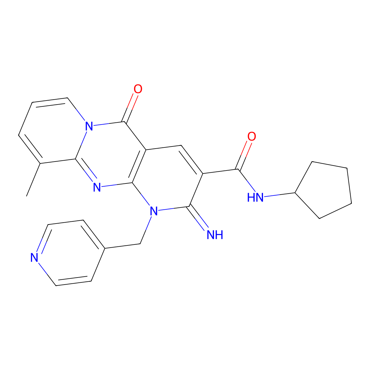 N-cyclopentyl-6-imino-11-methyl-2-oxo-7-[(pyridin-4-yl)methyl]-1,7,9-triazatricyclo[8.4.0.0^{3,8}]tetradeca-3(8),4,9,11,13-pentaene-5-carboxamide molecular structure, CAS 608104-21-8