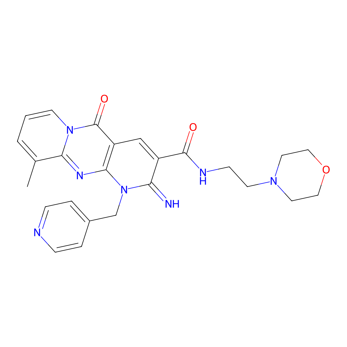6-Imino-11-methyl-N-(2-morpholin-4-ylethyl)-2-oxo-7-(pyridin-4-ylmethyl)-1,7,9-triazatricyclo[8.4.0.03,8]tetradeca-3(8),4,9,11,13-pentaene-5-carboxamide molecular structure, CAS 608104-24-1