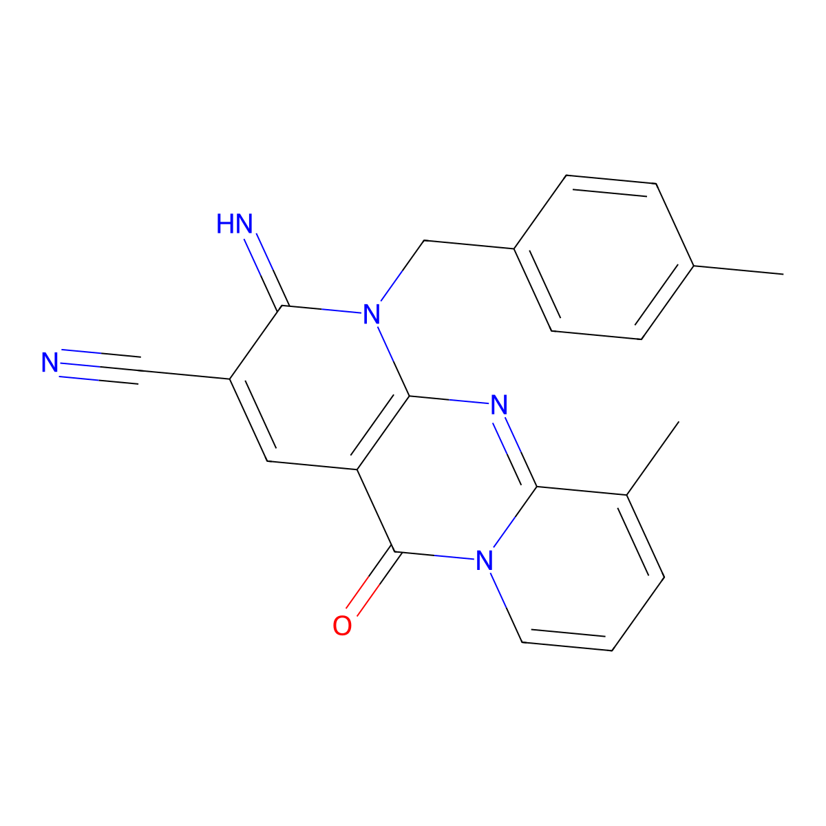 2-Imino-10-methyl-1-[(4-methylphenyl)methyl]-5-oxodipyrido[3,4-c:1',2'-f]pyrimidine-3-carbonitrile molecular structure, CAS 608104-28-5