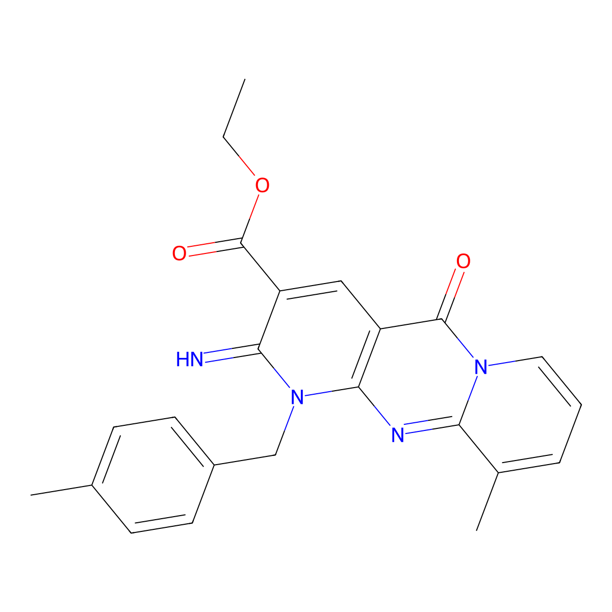 Ethyl 2-imino-10-methyl-1-[(4-methylphenyl)methyl]-5-oxo-1,6-dihydropyridino[2,3-d]pyridino[1,2-a]pyrimidine-3-carboxylate molecular structure, CAS 608104-30-9