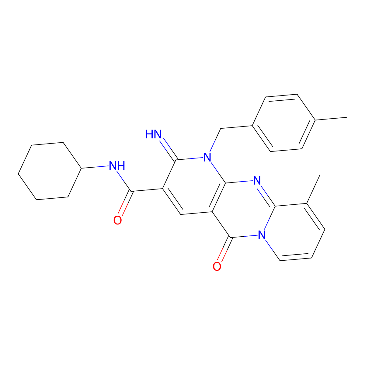 N-cyclohexyl-6-imino-11-methyl-7-[(4-methylphenyl)methyl]-2-oxo-1,7,9-triazatricyclo[8.4.0.0^{3,8}]tetradeca-3(8),4,9,11,13-pentaene-5-carboxamide molecular structure, CAS 608104-38-7