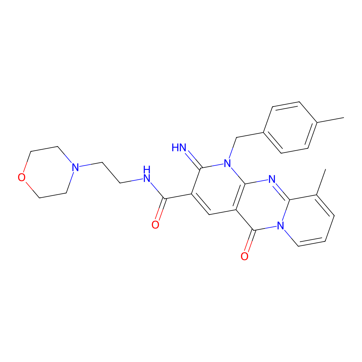 2-imino-10-methyl-1-(4-methylbenzyl)-N-[2-(morpholin-4-yl)ethyl]-5-oxo-1,5-dihydro-2H-dipyrido[1,2-a:2',3'-d]pyrimidine-3-carboxamide molecular structure, CAS 608104-42-3