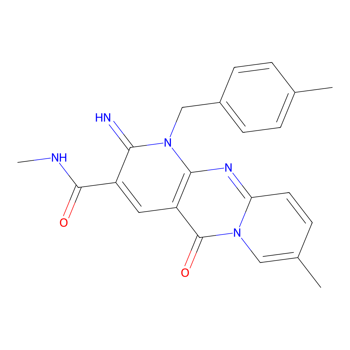 6-imino-N,13-dimethyl-7-[(4-methylphenyl)methyl]-2-oxo-1,7,9-triazatricyclo[8.4.0.0^{3,8}]tetradeca-3(8),4,9,11,13-pentaene-5-carboxamide molecular structure, CAS 608104-78-5