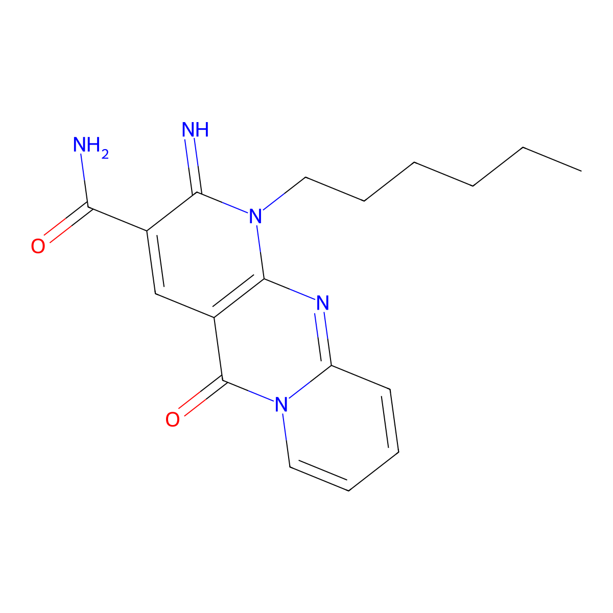 1-hexyl-2-imino-5-oxo-1,5-dihydro-2H-dipyrido[1,2-a:2,3-d]pyrimidine-3-carboxamide molecular structure, CAS 608106-04-3