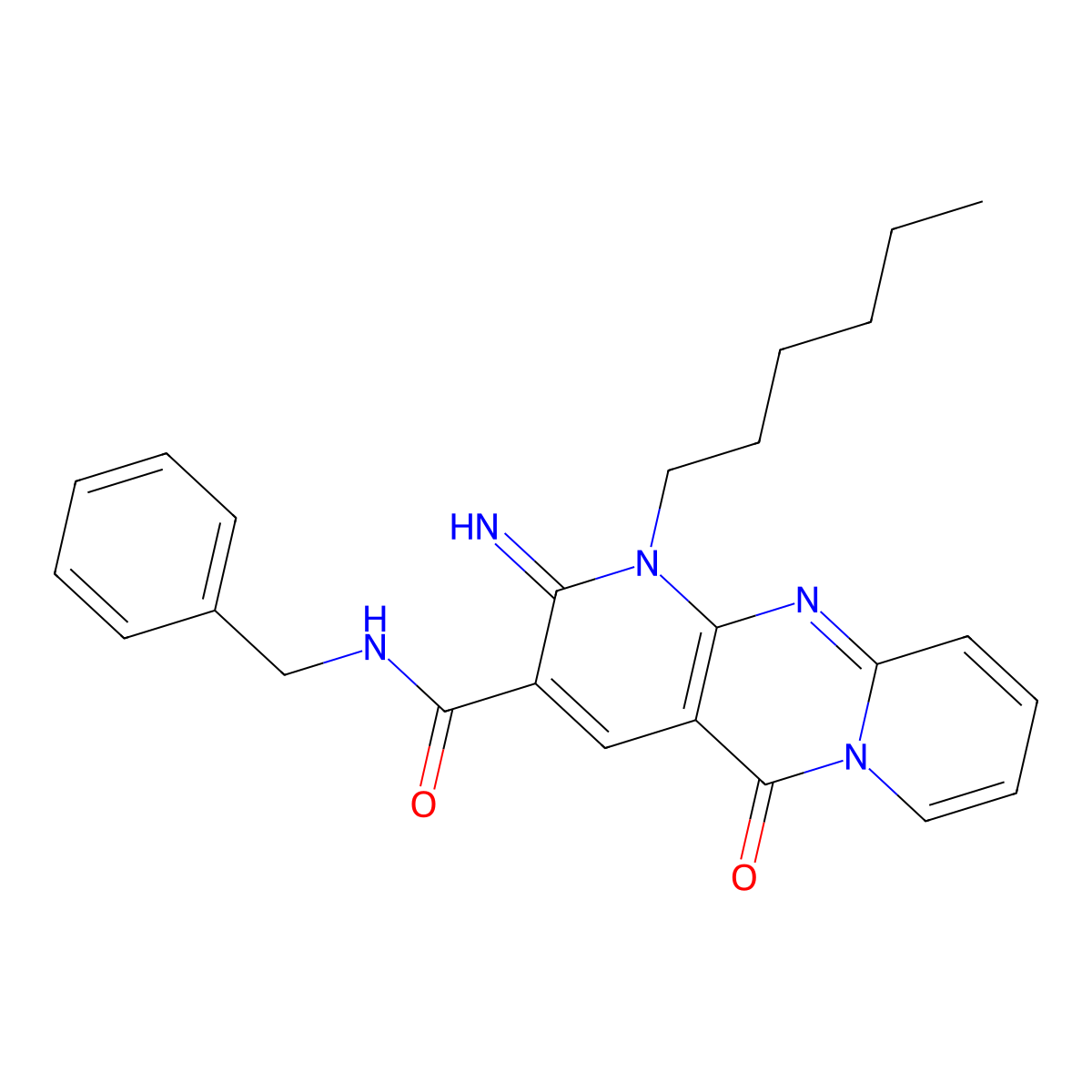 N-Benzyl-1-hexyl-2-imino-5-oxo-1,5-dihydro-2H-dipyrido(1,2-A:2,3-D)pyrimidine-3-carboxamide molecular structure, CAS 608106-45-2