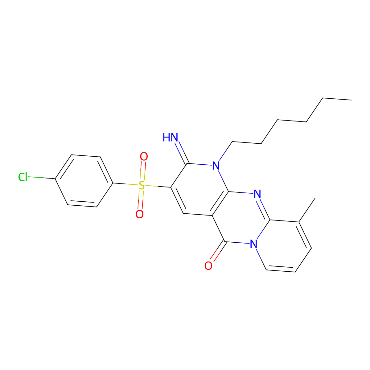 3-((4-chlorophenyl)sulfonyl)-1-hexyl-2-imino-10-methyl-1H-dipyrido[1,2-a:2',3'-d]pyrimidin-5(2H)-one molecular structure, CAS 608106-68-9