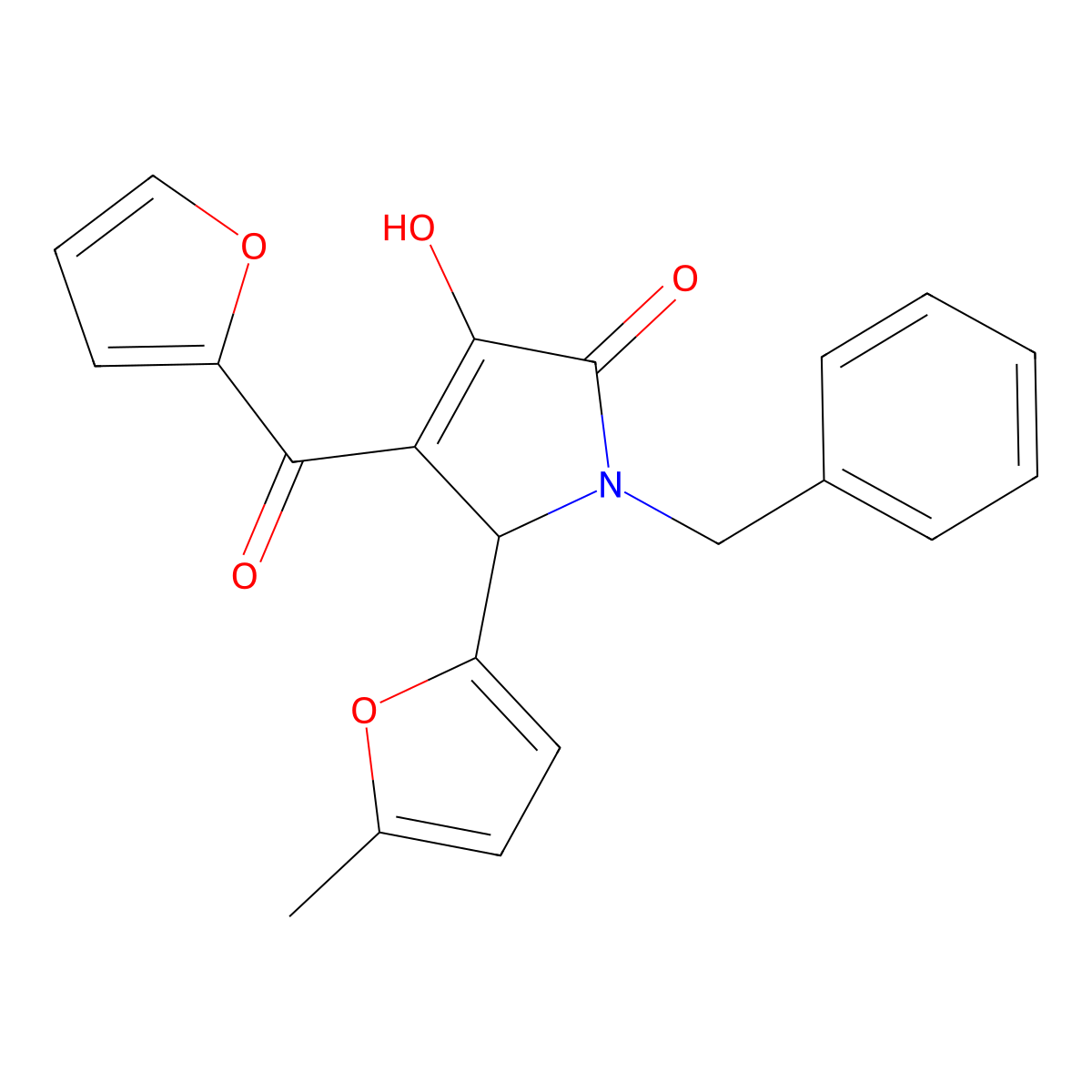 1-benzyl-4-(2-furylcarbonyl)-3-hydroxy-5-(5-methyl-2-furyl)-1,5-dihydro-2H-pyrrol-2-one molecular structure, CAS 608109-33-7