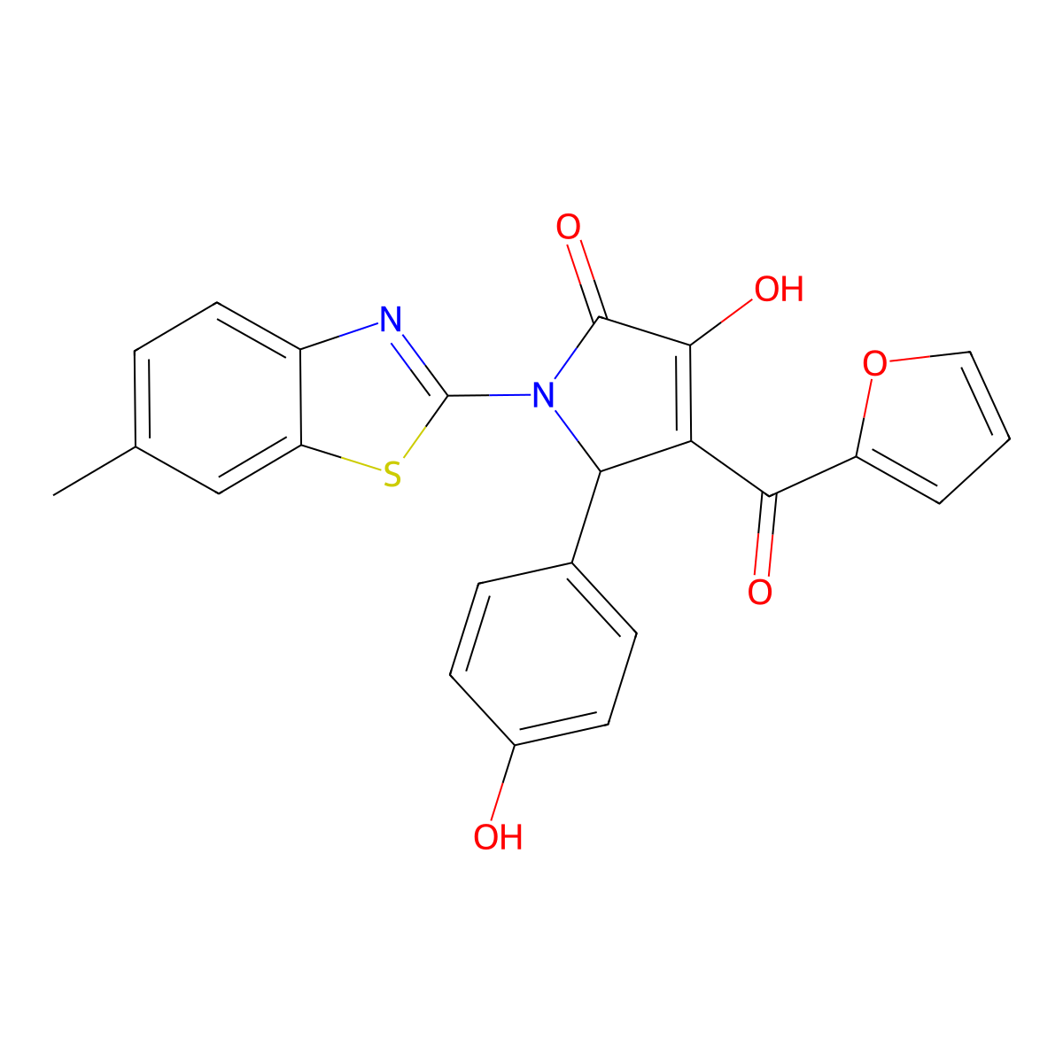 4-(2-furylcarbonyl)-3-hydroxy-5-(4-hydroxyphenyl)-1-(6-methyl-1,3-benzothiazol-2-yl)-1,5-dihydro-2H-pyrrol-2-one molecular structure, CAS 608114-48-3